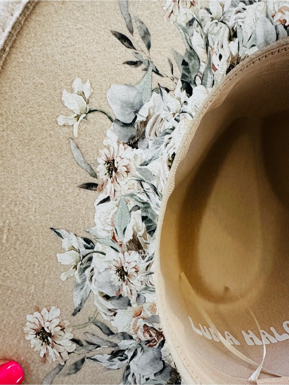 Luna Halo Wide Brim Felt Hat — Hand Painted Floral Brim - Picture 3 of 5